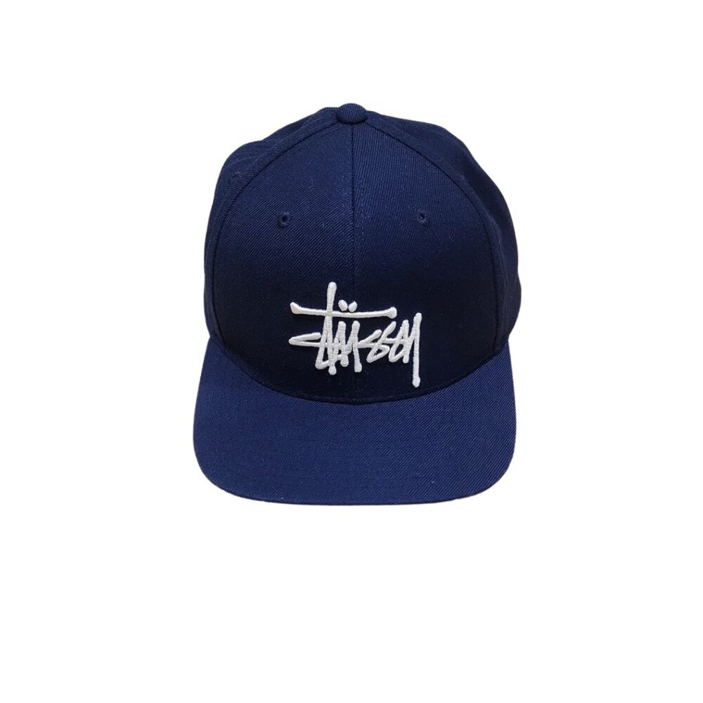 Stussy Hat Snapback Navy Blue Embroidered Cap Skater Surf Wool Blend Embroidered